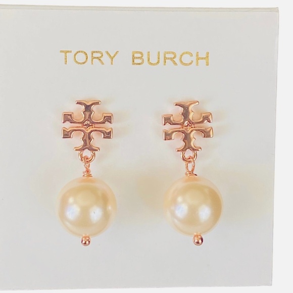 NEW Tory Burch Rose Gold T-Logo Swarovski Pearl Drop Earrings NWT $135 - Picture 1 of 5